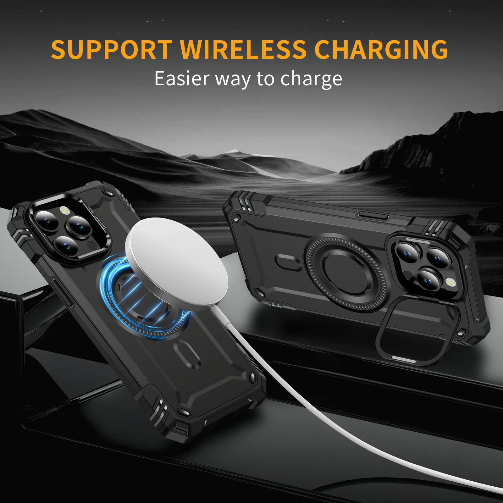 

For iPhone 15 Pro Magnetic Case Lens Kickstand PC+TPU Shockproof Phone Cover Black