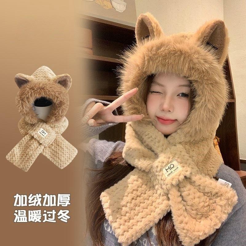 Hat Scarf Integrated Hat Women's Autumn and Winter Hooded Scarf Adult Cycling Warm Fleece Ear Protectors Thickened Windproof Cap