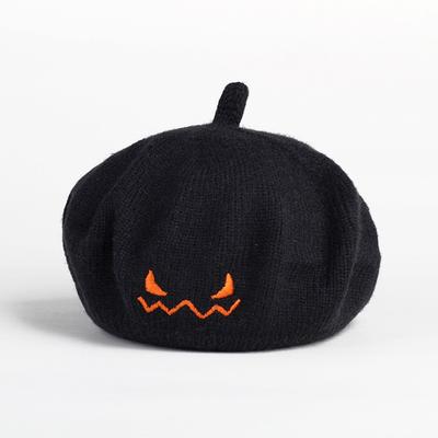 Halloween Pumpkin Hat, Devil Smiley Face Embroidered Knitted Children's Autumn and Winter Baby Beret