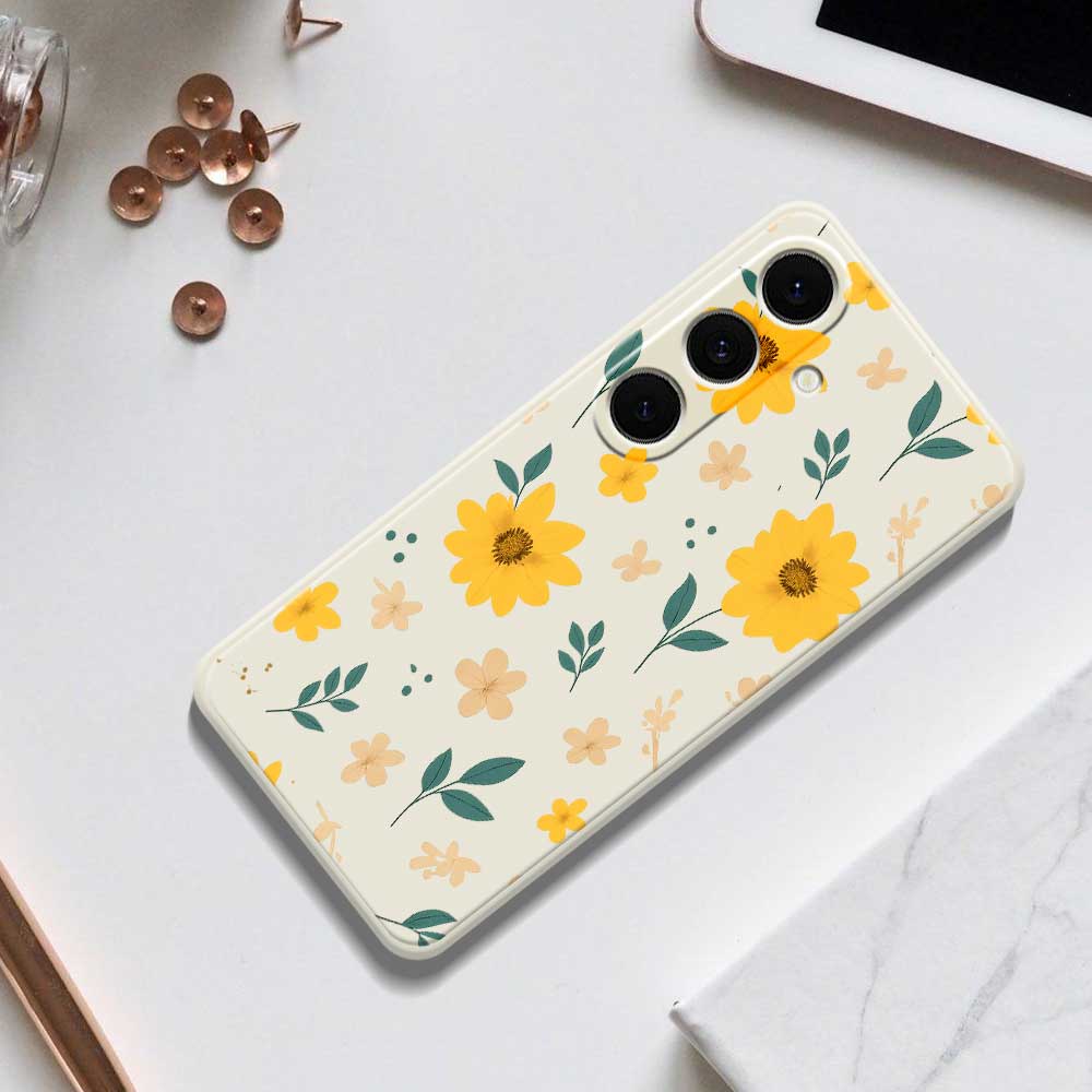 For Samsung Galaxy S25+ Case Yellow Floral and Leaves Pattern Printing Straight Edge TPU Phone Back Cover