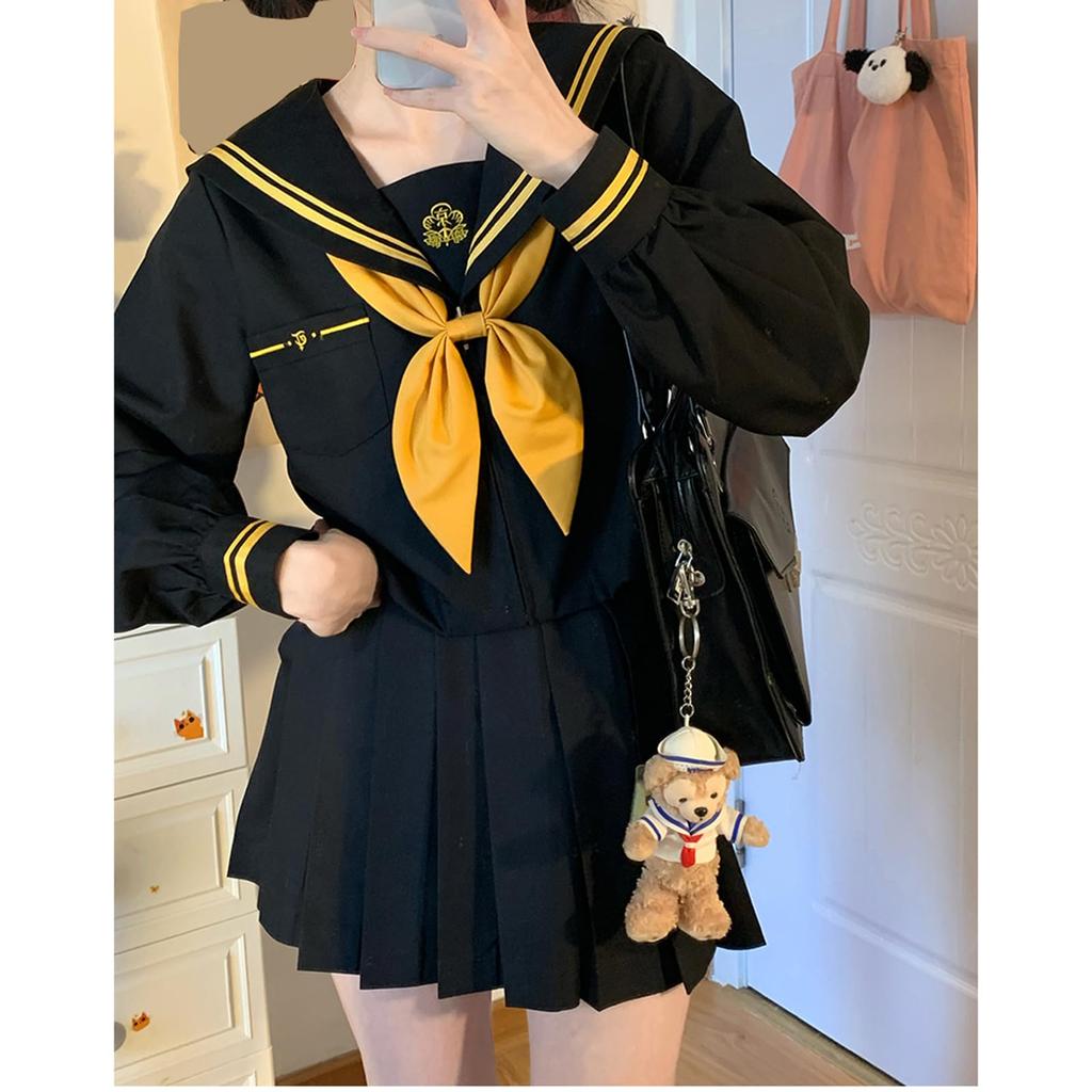 Longpen School Authentic Sailor Lolita Yellow Pleated Classic Cosplay Long JK Sailor School Lolita Costume for Photo Cultural Halloween Uniform, Suit,