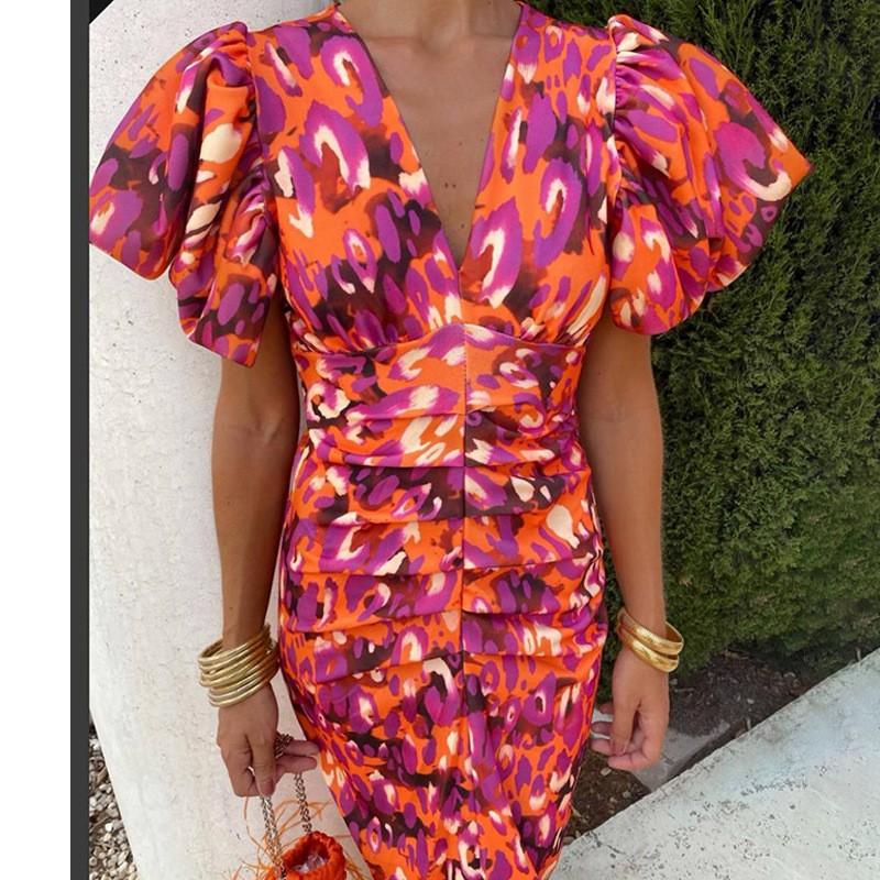2026 Womens Loose Floral Print A-Line Maxi Dress With V-Neck High Waist Short Sleeve