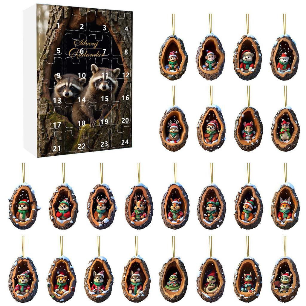 Weihnachts-Countdown-Kalender Verschleißfest Liebenswertes Tier Adventskalender Mini-Baumloch Acryl-Anhänger für Zuhause Party Auto Dekoration