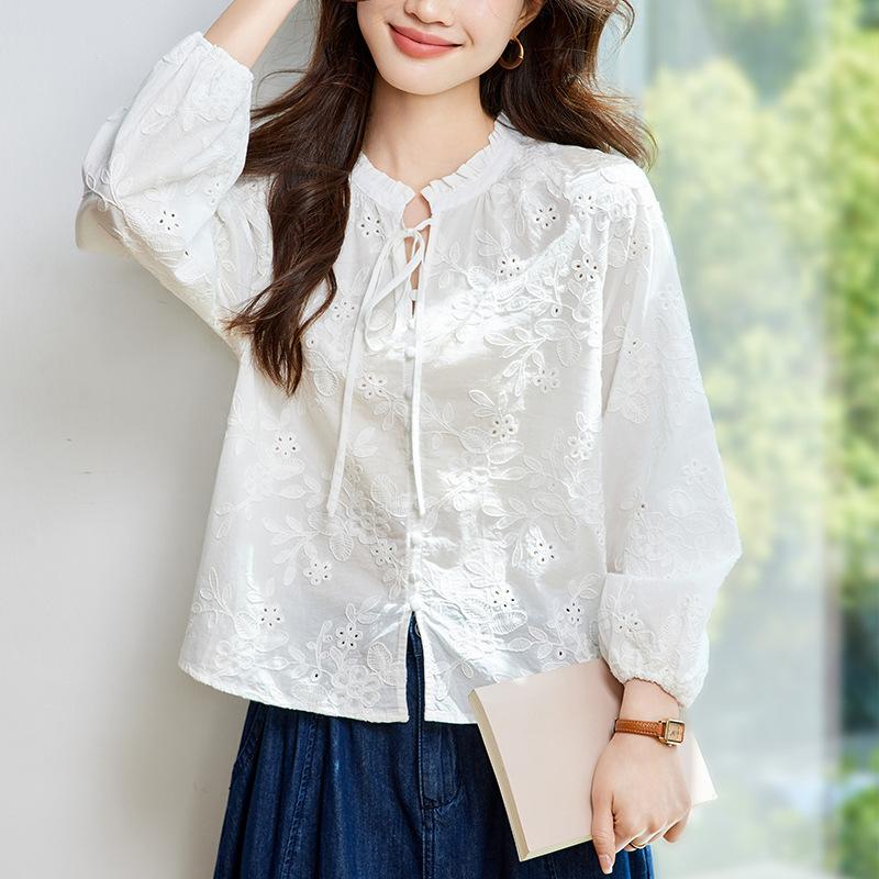 Schwarzer Pilzkragen Weißes Hemd für Damen Langarm Sommer Baumwolle Stickerei Aushöhlen Top für Damen Besticktes Hemd