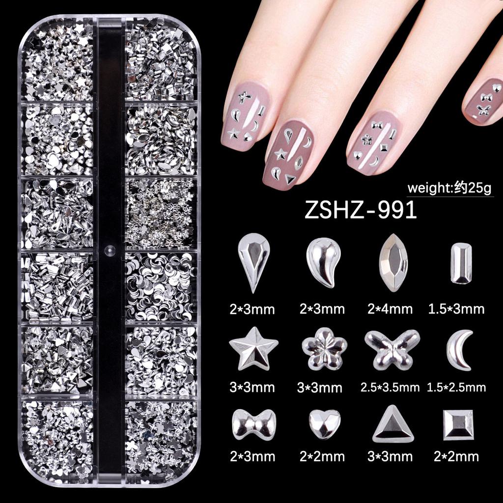 Nail Art Schmuck 12 Gitter Silber Mini Speziell geformter Diamant Acryl Stern Liebe Wassertropfen Schleife Gemischt Flachboden Diamant