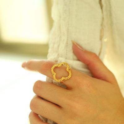 Fashion Gold-Plated Stainless Steel Open Ring, Women'S Four-Leaf Clover Hollow Design, Index Finger Ring, Titanium Steel Does Not Fade