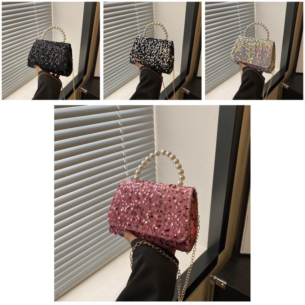 Stylish Sequined Handheld Small Square Bag 2024 Trendy Chain Shoulder Bag For Casual Use