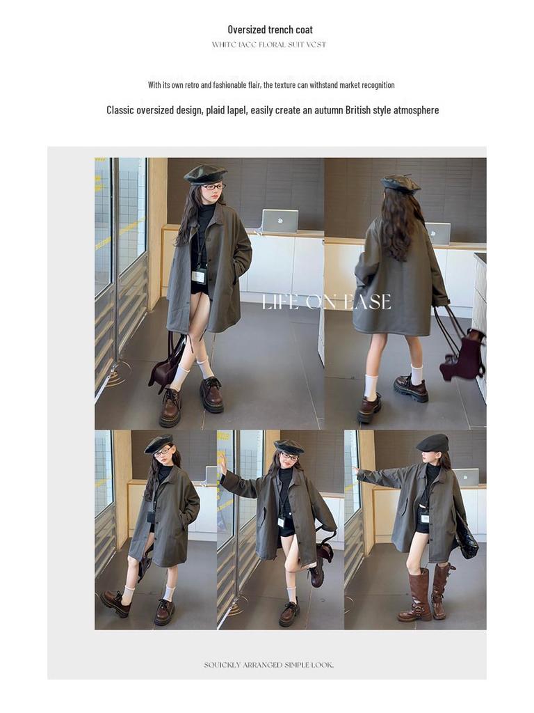 Mädchen Midilanger Trenchcoat: 2025 Frühling/Herbst Koreanischer Stil für Kinder - Lockerer, lässiger Schnitt