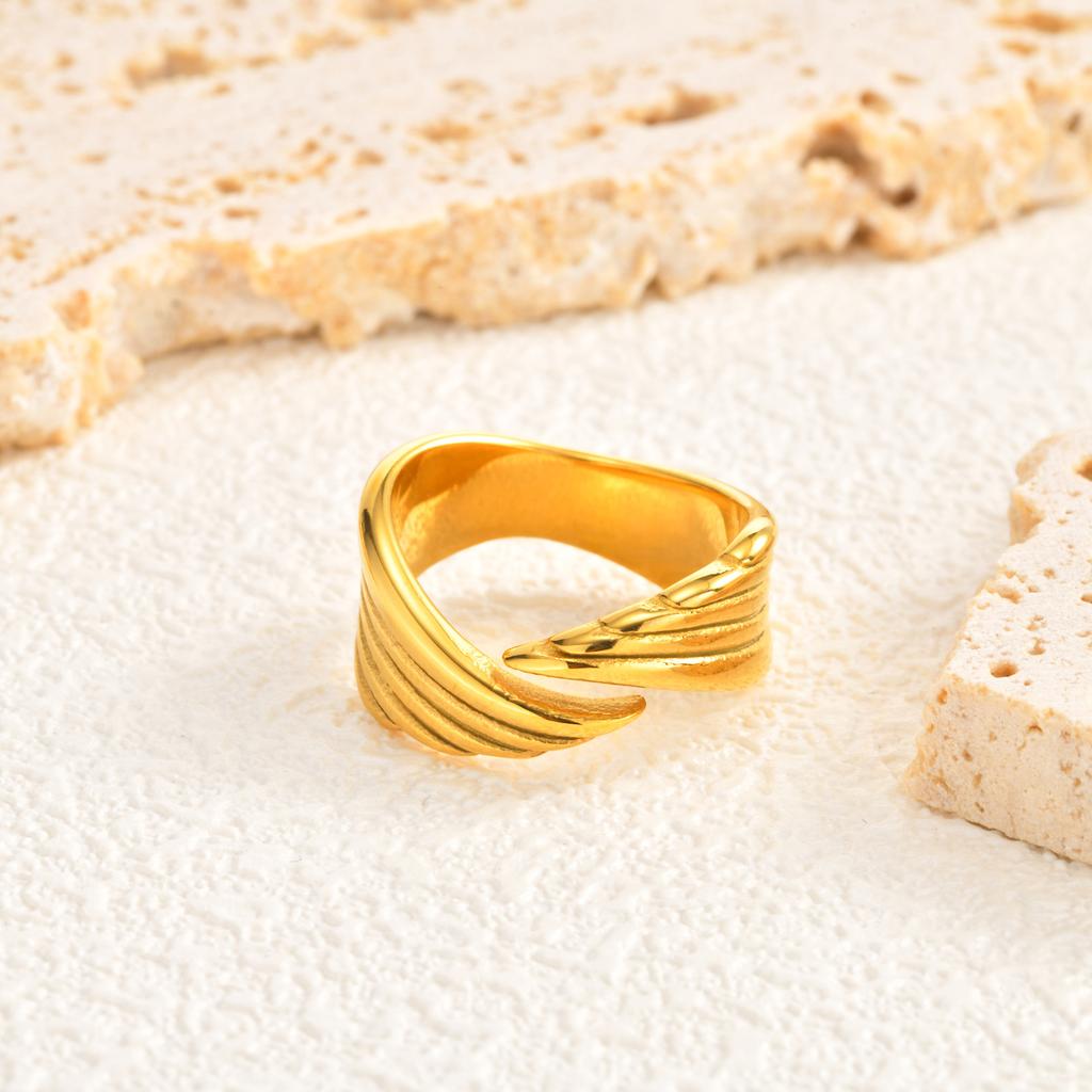 Adjustable Angel Wings Ring for Women, 18K Gold Plated Stainless Steel Wrap Bypass Band, Waterproof Jewelry