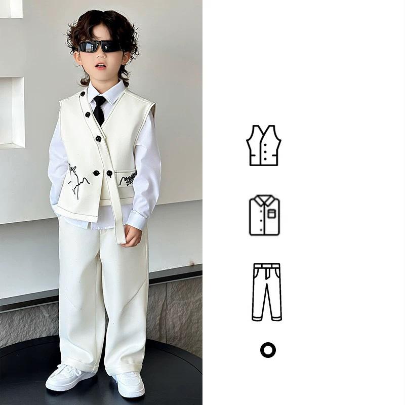 4 PCS Set Spring Summer  Boy Retro Stripes TShirt+Pants +Vest Kid Children Baby Gentleman Handsome Streetwear Party Clothes