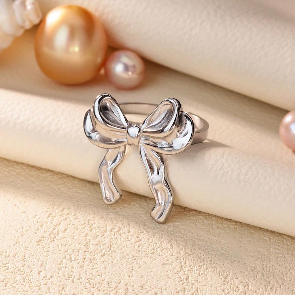 Ribbon Bow Stainless Steel Rings for Women Mama 18K Gold-plated Anti Fading Open Ring Wedding Jewelry Vacation Accessories Gifts