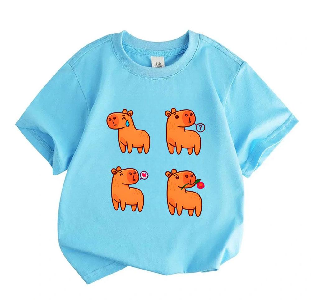 Kids Boys Girls 100% Cotton Crew Neck Short Sleeve T-Shirt, Cute Cartoon Orange Capybara 4-Panel Funny Graphic Casual Lightweight Summer Tee for Child
