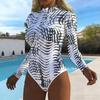 Women Long Sleeve One Piece Swimsuit Zip Front  Colored Drawing  Print Rash Guard Surfing Bathing Suit
