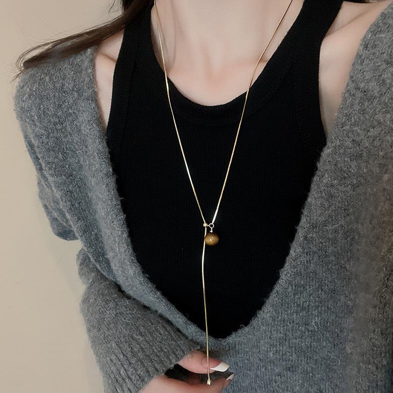 Maillard Tiger Eye Tassel Necklace for Women - Autumn/Winter Retro Fashion Sweater Chain