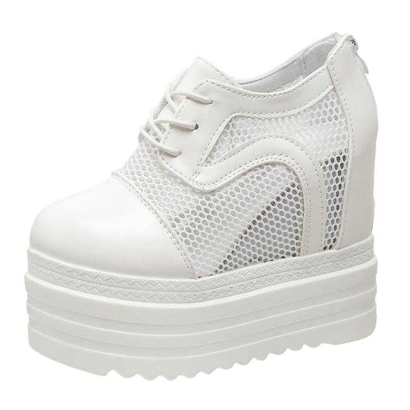 Fashion 12CM New Air Mesh Genuine Leather Breathable Summer Women Mid Calf Ankle Boots Platform Wedge Chunky Sneaker Hollow Shoes