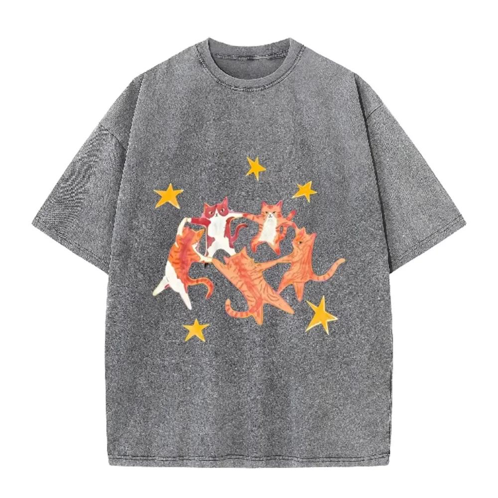 T-shirt Casual Mignon Animal Graphique Étoiles Violet Lavé Vintage Chats Orange Dansants