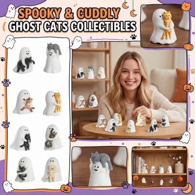 Cute Ghost and Cat Blind Box Collectible Figurine Random One Piece Handcrafted Resin Desktop Decoration for Home Office