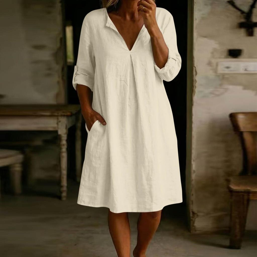 Women Casual Loose Fit V Neck Cotton Linen Dress with Three Quarter Sleeves and Side Pockets for Daily Wear Comfortable Style