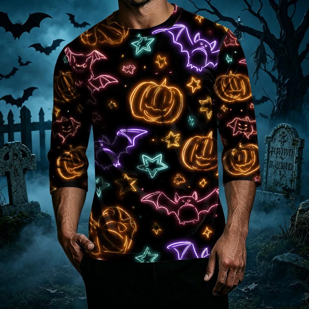 Men Casual Halloween Print Crew Neck T Shirt Three Quarter Sleeve Relaxed Fit Top Suitable for Everyday Wear and Seasonal Events