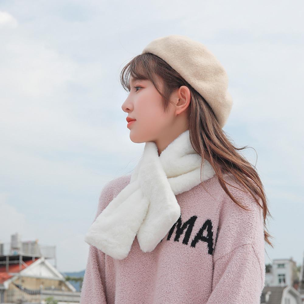 Cute Solid Color Neckerchief Wrap Female Warmer Girl Cross Scarf Neck Warmer Plush Scarf Warm Scarf
