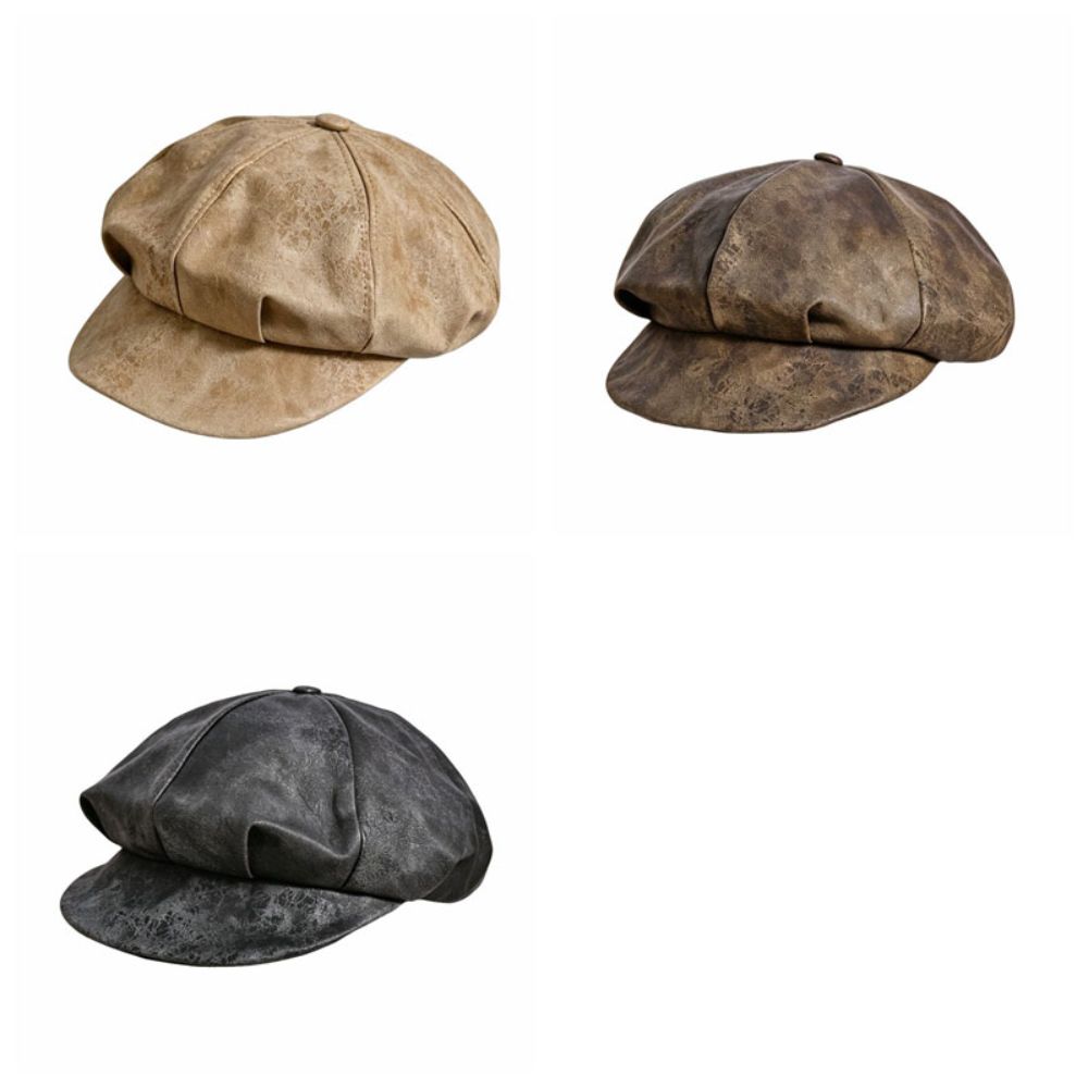Octagonal Cap Pu Leather Beret British Style Painter Hat Elegant Artist Cap  Women