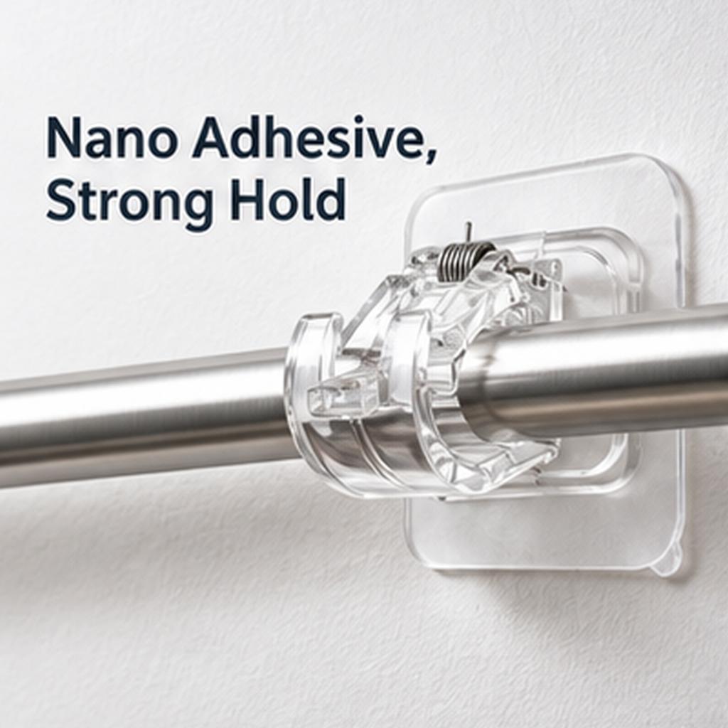 No-Drill Curtain Rod Brackets Self-Adhesive 6 Cm Clear Holder Set of 10 with Stainless Steel Spring Clip for Heavy Curtains Towels Home Rental Use