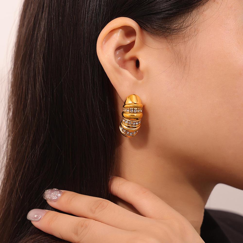 New Temperament Bread Texture Design Earrings, Personalized Creativity, Diamond-Set Titanium Steel-Plated 18K Gold Earrings