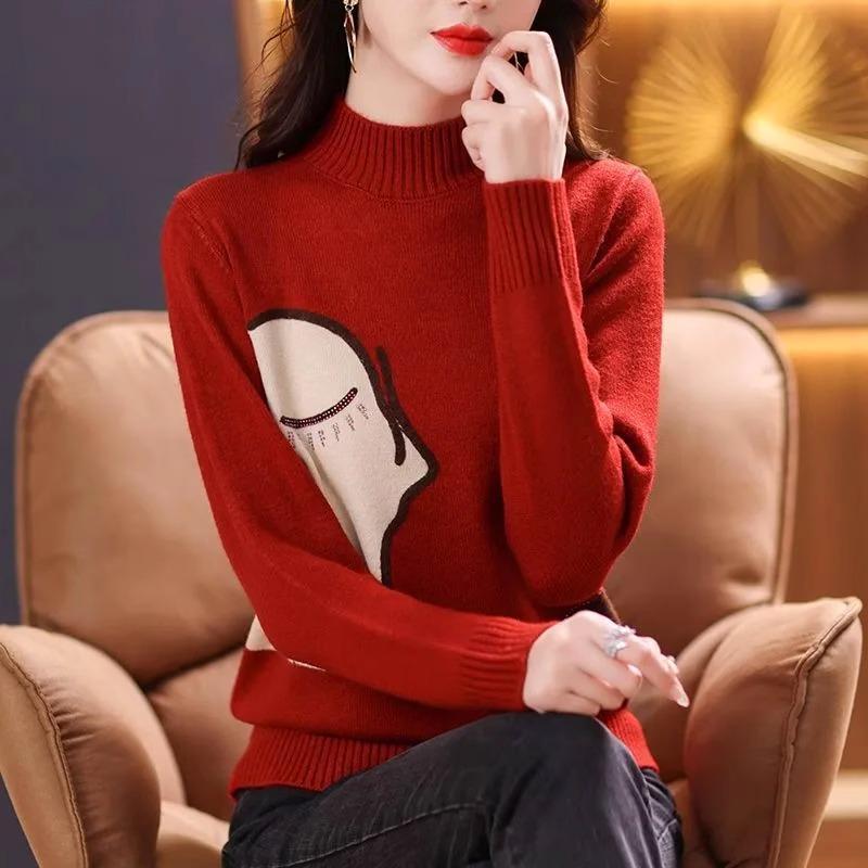 

Женский свитер-водолазка с мультяшным принтом, короткий свитер с цветными блоками, трикотажный свитер из эластичной трикотажной ткани M красный