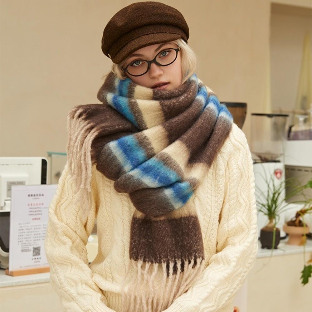 Mohair Winter Cashmere Scarves Plush Long Shawl Classic Stripe Wool Scarf Autumn Winter