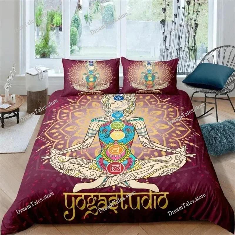 Funda nórdica de meditación de chakras bohemios, juego de cama de yoga con temática relajante, funda de edredón de loto con mandala exótico, decoración para dormitorio tamaño king