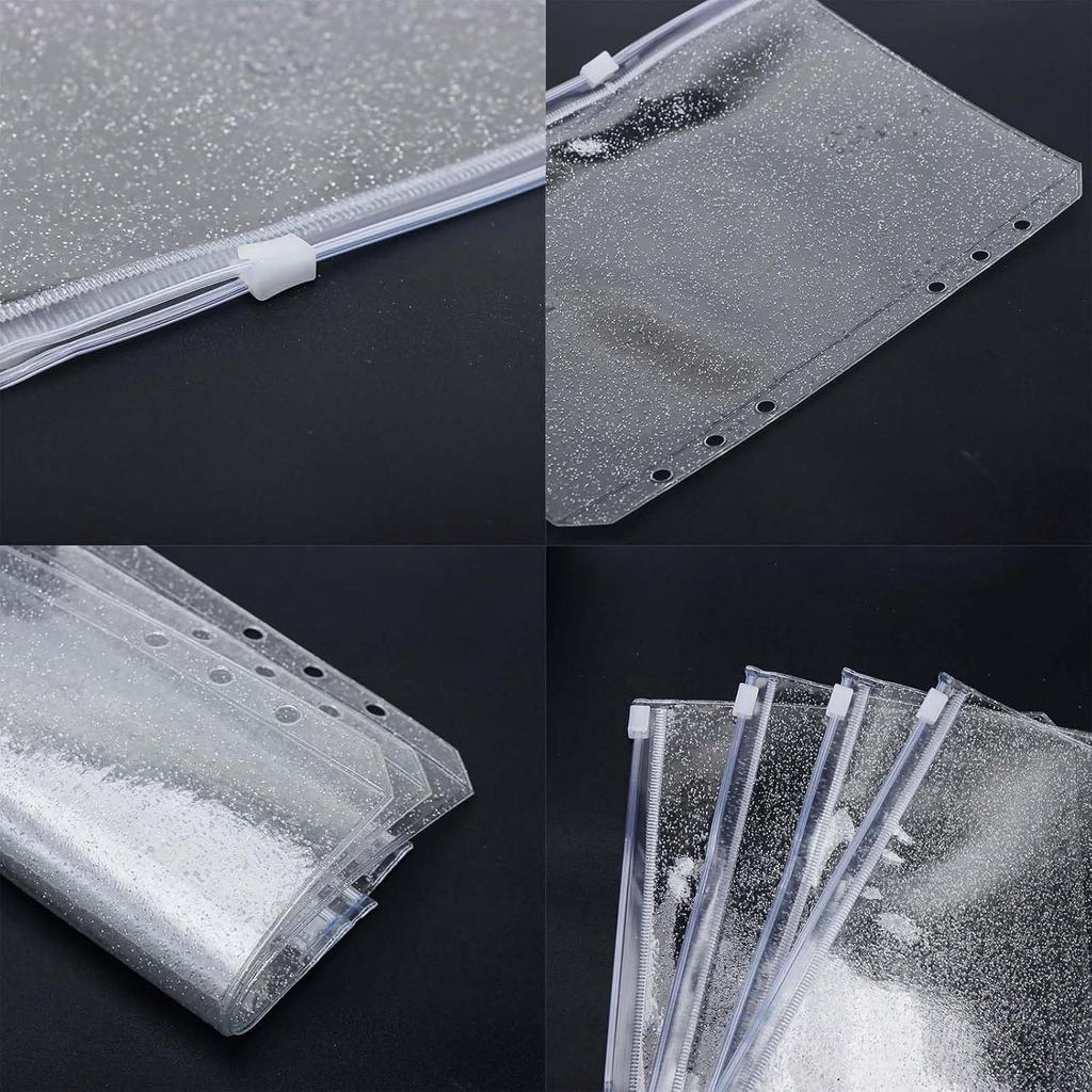 10pcs A5 Cash Stuffing Envelopes Zipper Binder Pockets Clear Glitter PVC 6 Hole Zip Sleeves Loose Leaf Pouches for 6 Ring Binder Planner (A5 5.91" x