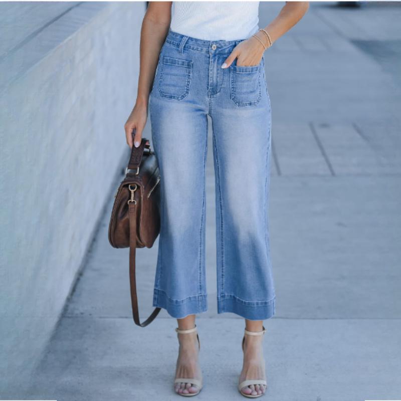 

Женские летние свободные широкие прямые брюки, выстиранные джинсы, укороченные брюки XXL синий