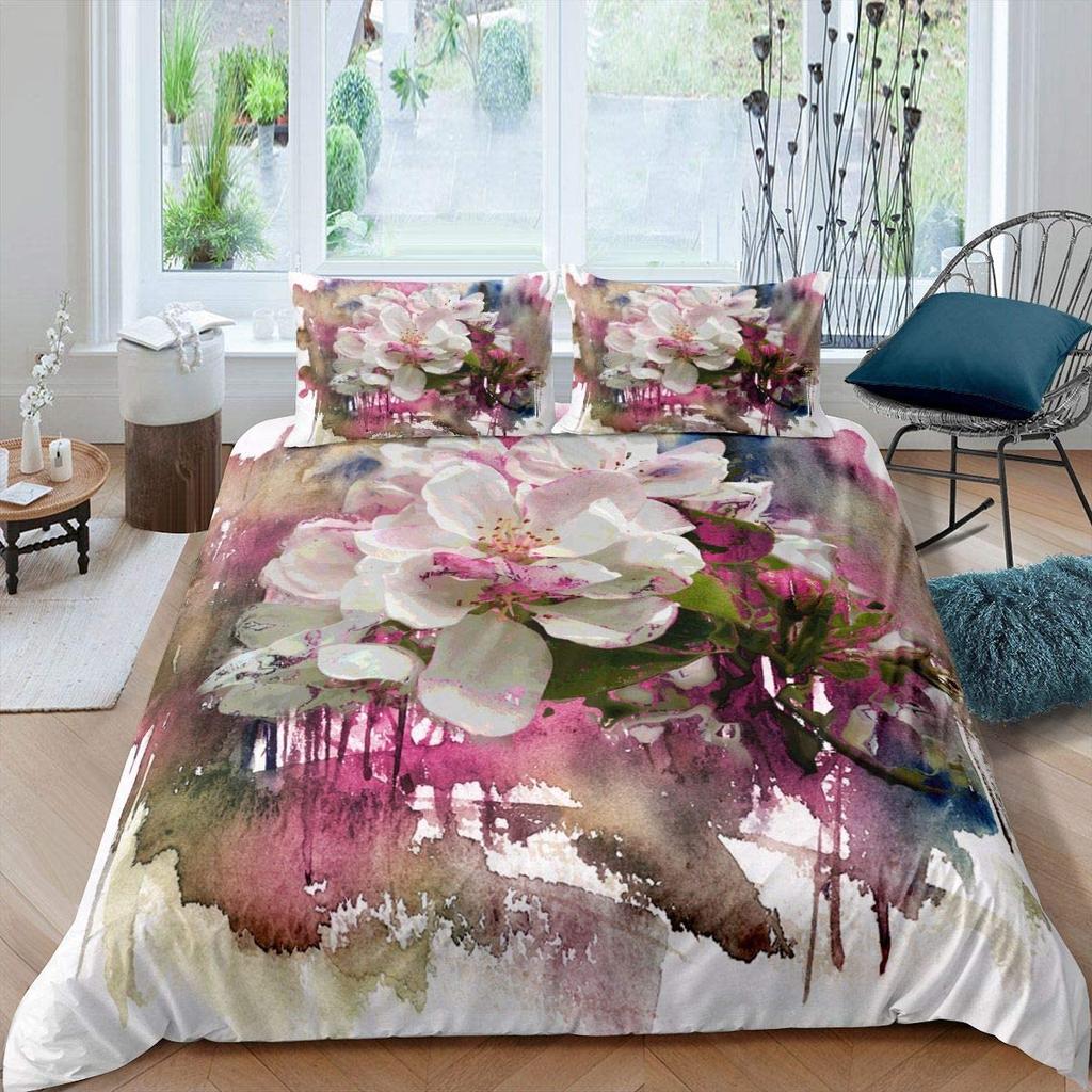 Cherry Blossoms Bedding Set Pink Floral Comforter Cover For Girl Teen Women Petal Flowers Duvet Cover Microfiber Bedspread Cover