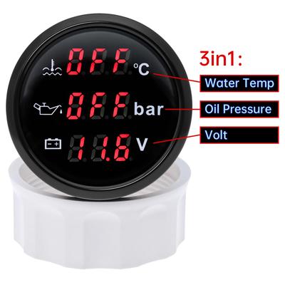 52mm Water Temp+Oil Pressure+Voltmeter with Alarm Waterproof Multi 3 IN 1 Gauge 10Bar Oil Pressure for All Car Boat Yacht 12V24V