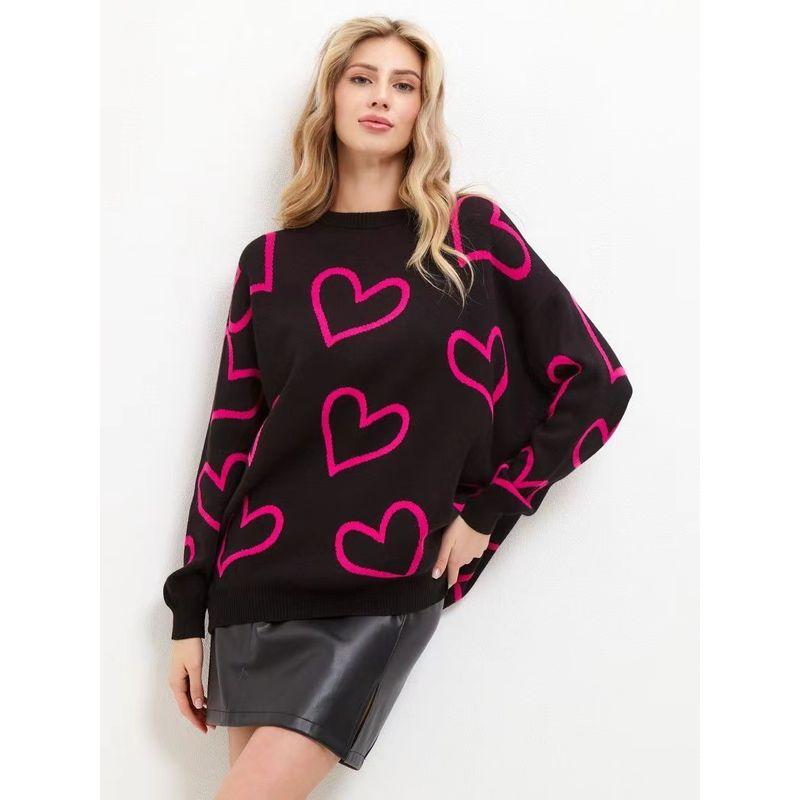 Fashion round Neck Heart Contrast Color Sweater Loose Pullover Knitwear round Neck Neck Love Sweater