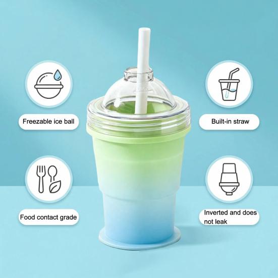 Ice Ball Cup with Lid And Straw, 2-in-1 Foldable Silicone Ice Maker And Drinking Cup, Portable Iced Beverage Cup for Travel And Outdoor Use