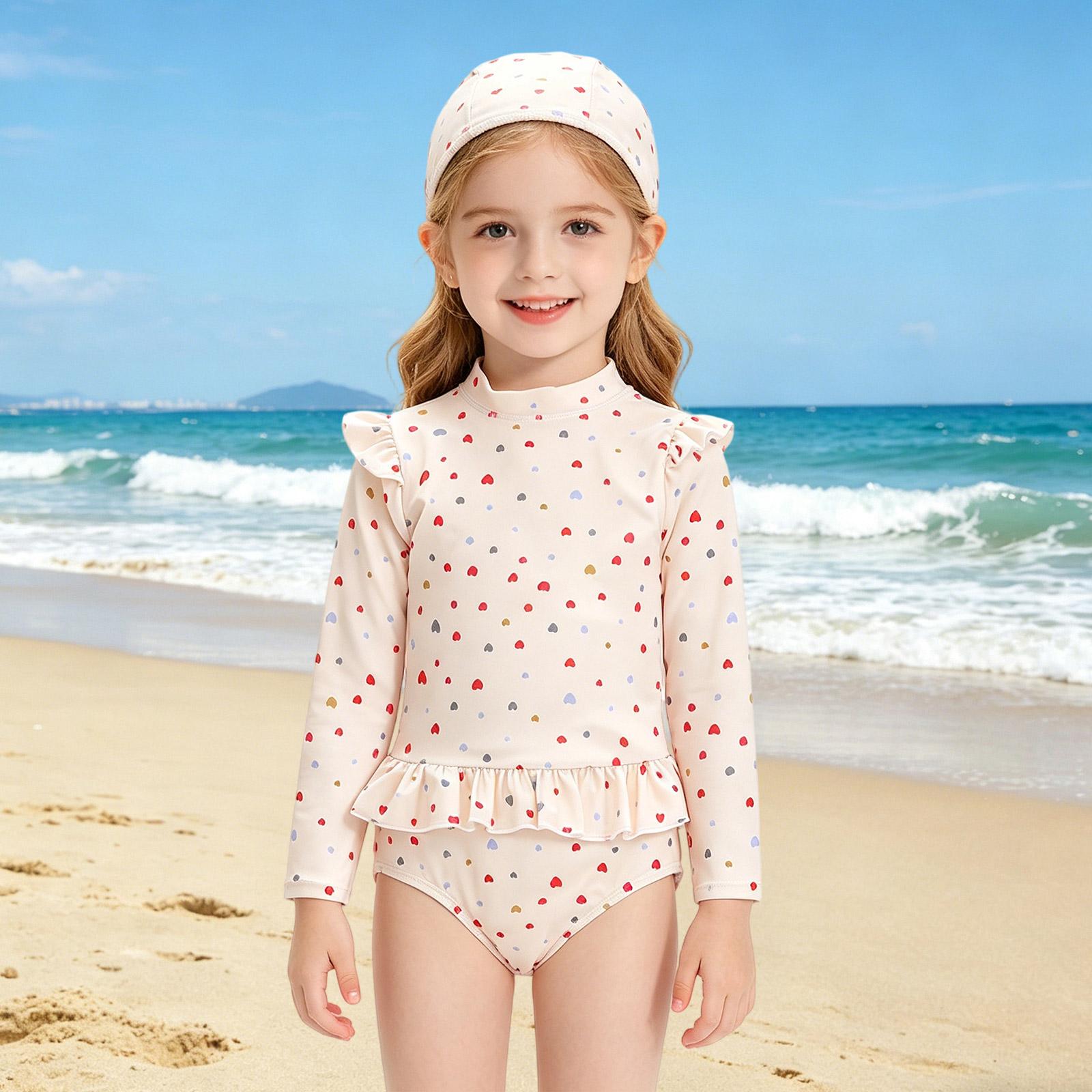 

Girls Long Sleeve Swimsuit - Cute One-Piece Quick-Dry Bathing Suit L бежевый