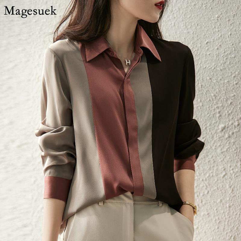 2026 Women Satin Button Blouse Autumn New Vintage Long Sleeve Polo Collar Women Shirt Elegant Loose Tops Clothing 18146
