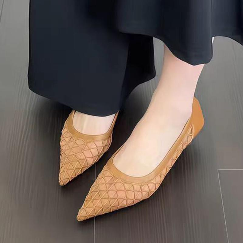 Mesh Women Heeled Shoes Pointed Toe Low Heels Shoes Dress Shallow Woman Sandals 2025 Summer New Luxury Chaussure Femme