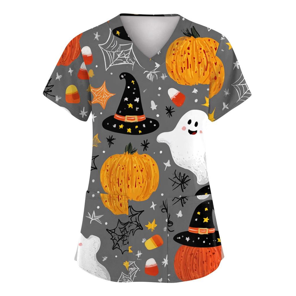 Women's Fashion Short Sleeve Halloween Printed V-Neck Pocket Workwear Tops