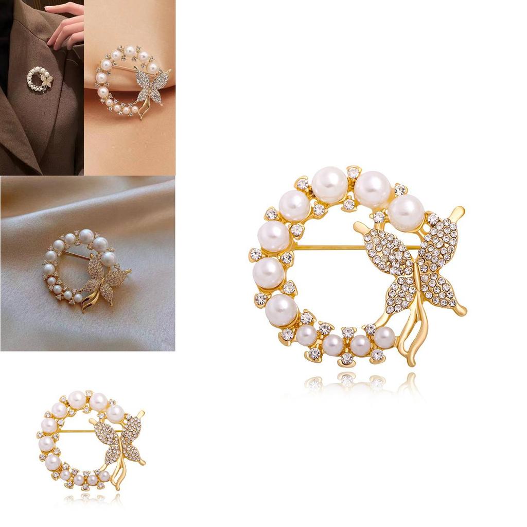 Stylish And Elegant Silver And Gold Butterfly Brooch With Rhinestones And Pearls For Women