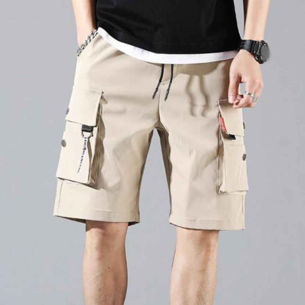 Summer Men Elastic Waistband Drawstring Shorts Multi Pockets Solid Color Straight Wide Leg Mid-rise Sport Cargo Shorts Streetwear