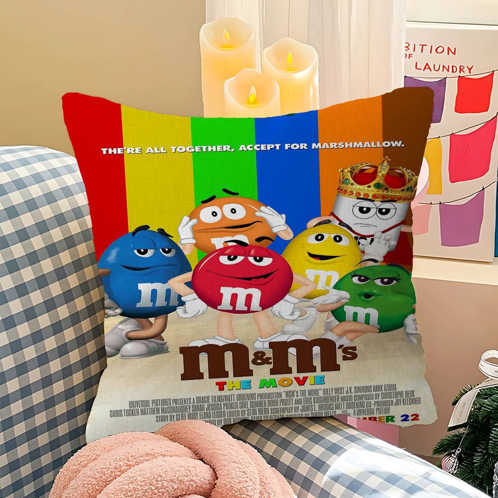 M-M&M Candy Snacks Pillow Covers Cartoon Sofa Decorative Home Double-sided Printing Short Plush Cute Cushion Cover