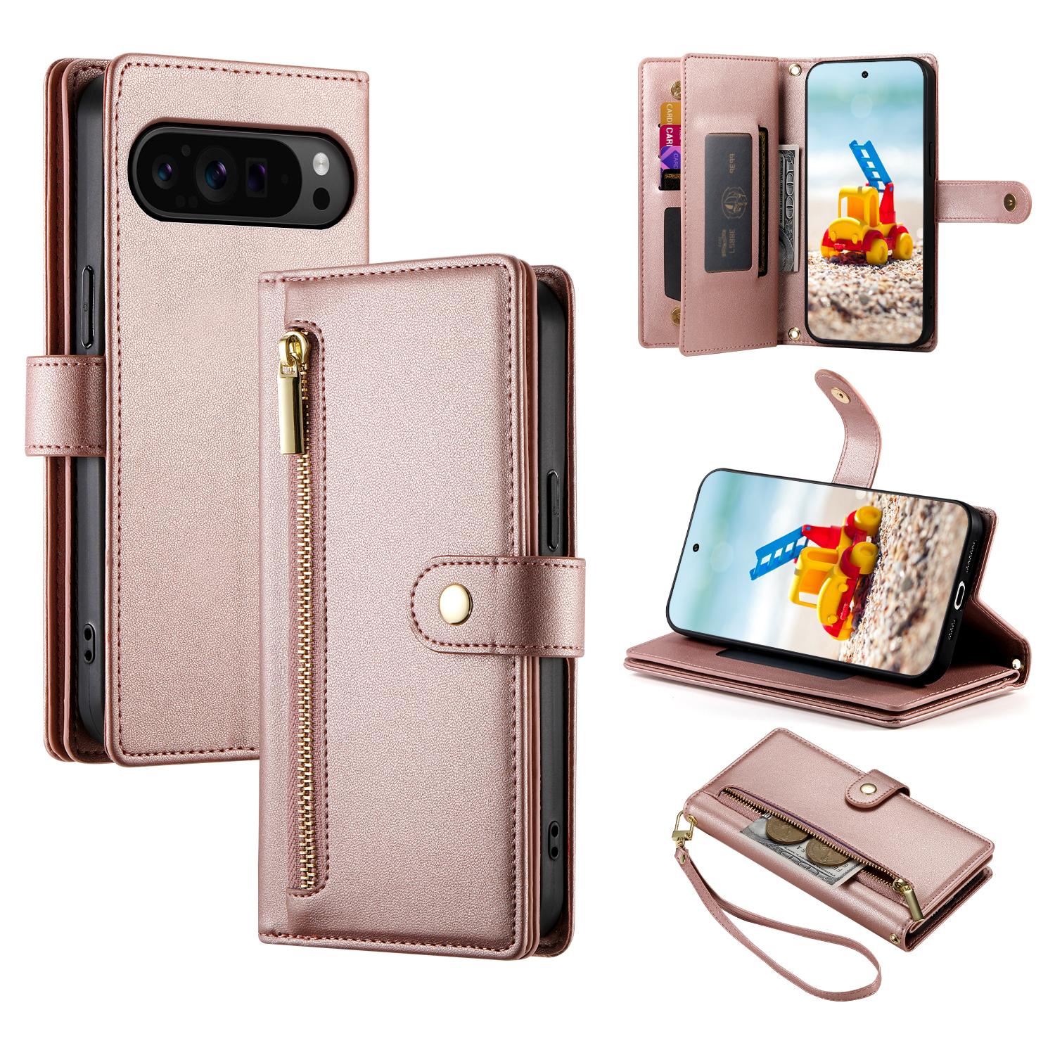 

DF-011 For Google Pixel 9 Pro XL Leather Case Zipper Wallet Stand Crossbody Phone Cover D