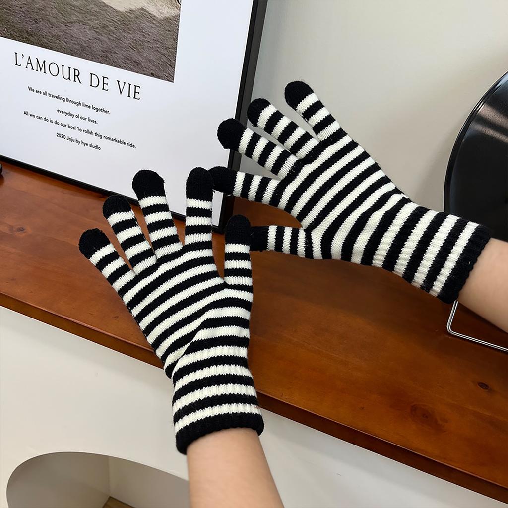 Winter Gloves for Men Women Mobile Phone Touch Black White Stripe Warm Gloves Soft Knit Gloves Elastic Cuff