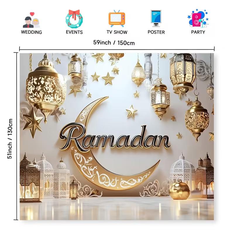 2D Ramadan Crescent Moon & Lantern Backdrop for Home Decor