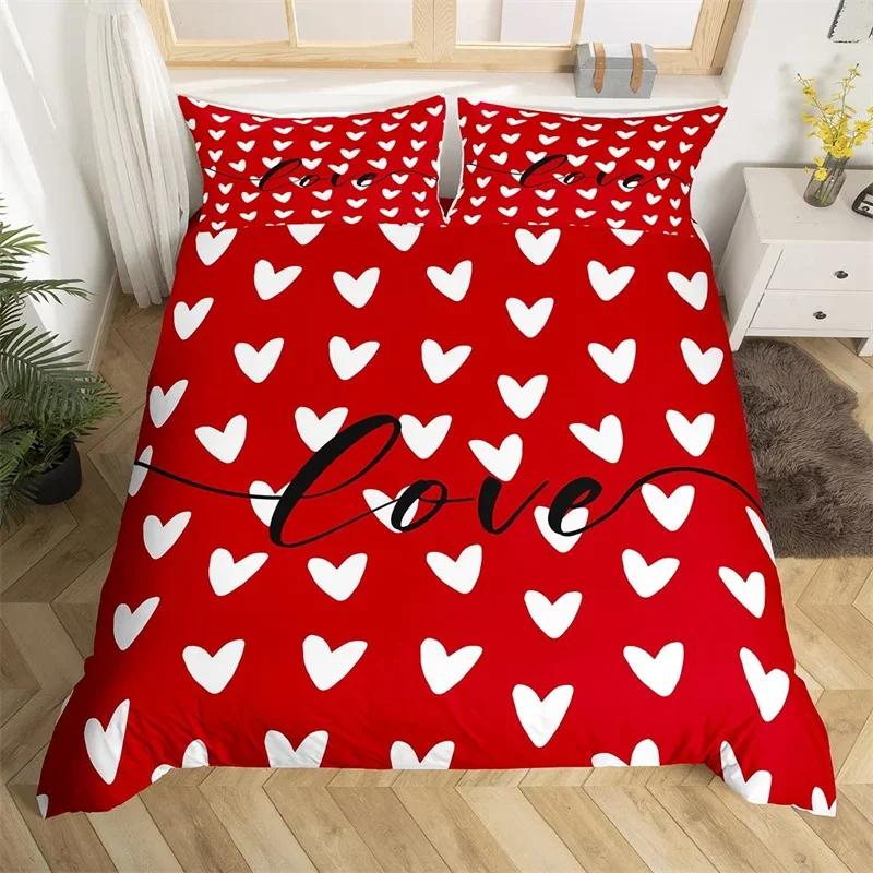 Romantic Valentines Duvet Cover King Kawaii Love Heart Theme Bedding Set Patchwork Geometric Comforter Cover Red Gnome Bed Sets