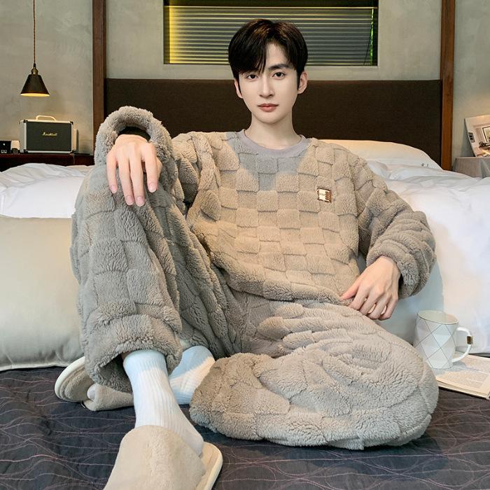 Men's pajamas coral fleece autumn and winter warm home leisure suits can be worn outside plush loungewear men's