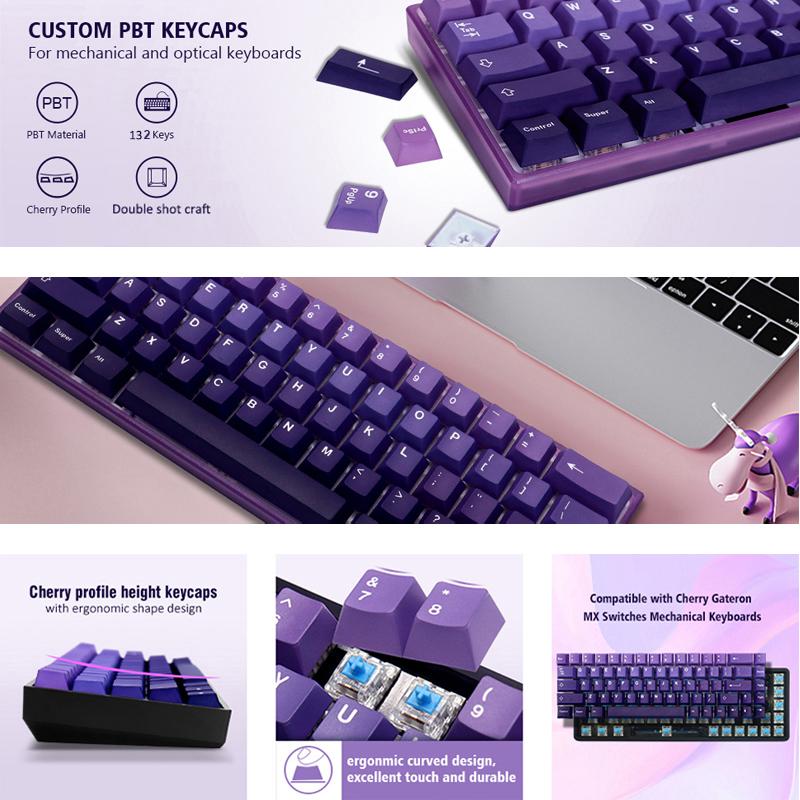Conjunto de teclas PBT de 132 teclas, perfil Cherry, teclas Purple Double-Shot para interruptores Cherry/Gateron MX, personalização de teclado mecânico