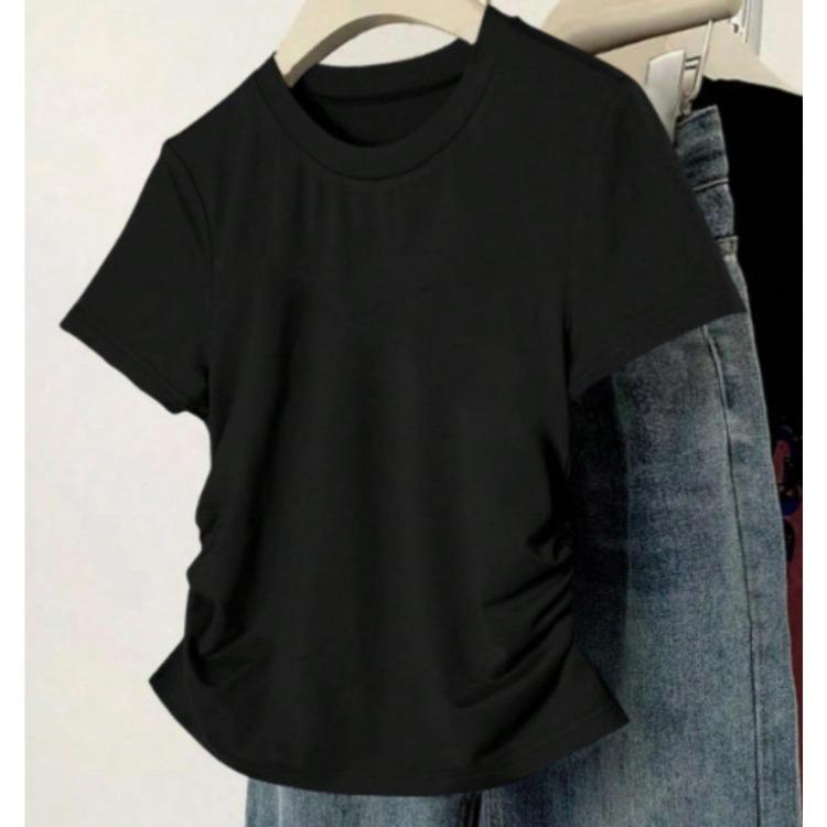 Korean Version Summer T-shirt Slim Fit Plus Size Waist Cinching Top New Shoulder Short Sleeved Slimming Effect Versatile Chubby